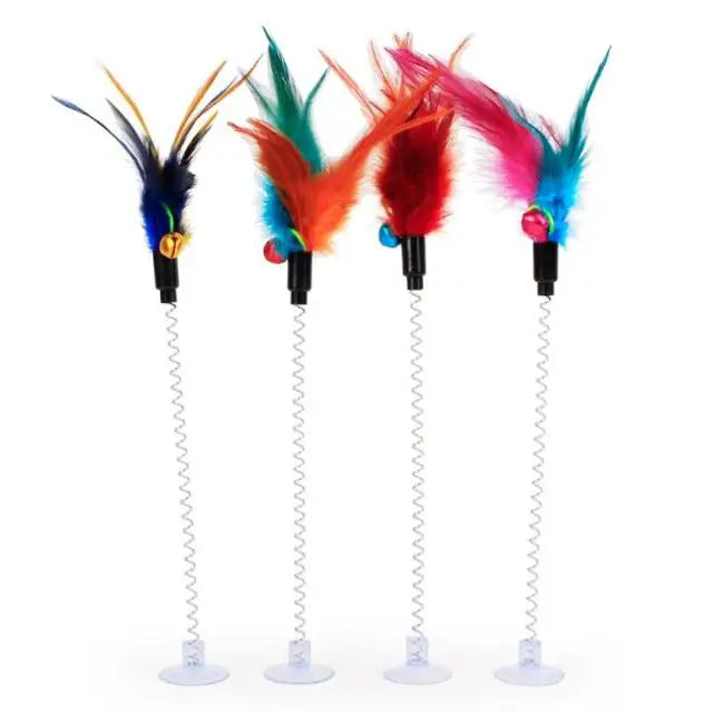 Cat Toy Colorful Suction Cup Spring Feather With Bell Pet Toys Cat