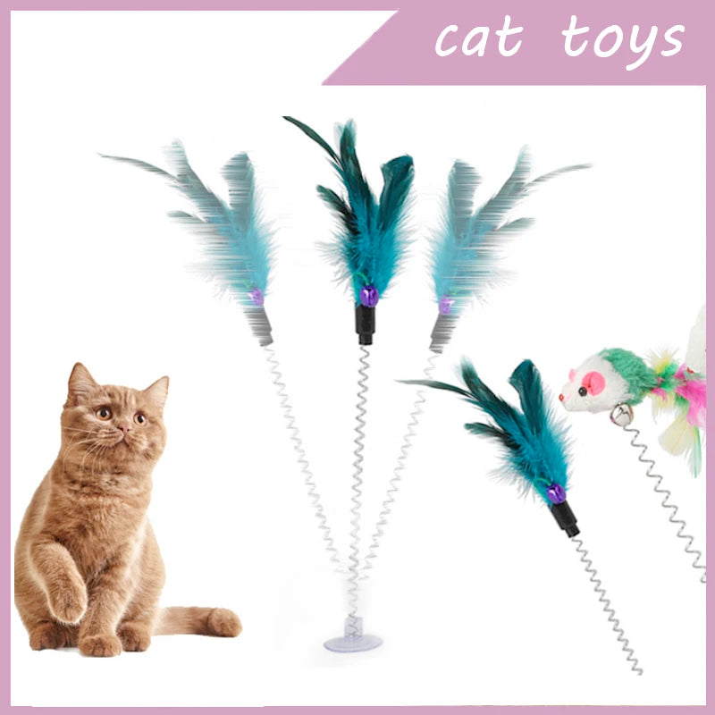 Cat Toy Colorful Suction Cup Spring Feather With Bell Pet Toys Cat